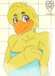  4_fingers after_shower alternate_form anthro anthrofied avian beak bird breasts chica_(fnaf) chicken claws feathers female fingers five_nights_at_freddy&#039;s fluffy fluffy_tail galliform gallus_(genus) mammal non-mammal_breasts orange_beak overweight overweight_anthro overweight_female phasianid purple_eyes shower slightly_chubby solo thevgbear toes towel video_games wet wet_body white_claws wide_hips yellow_body yellow_feathers 