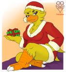  4_fingers alternate_form anthro anthrofied avian beak bird breasts chica_(fnaf) chicken christmas christmas_present claws clothing feathers female fingers five_nights_at_freddy&#039;s fluffy fluffy_tail galliform gallus_(genus) hat headgear headwear holidays mammal non-mammal_breasts orange_beak overweight overweight_anthro overweight_female phasianid purple_eyes santa_hat slightly_chubby solo thevgbear thick_thighs toes video_games white_claws wide_hips yellow_body yellow_feathers 