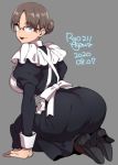  1girl agawa_ryou artist_name ass blue_eyes breasts brown_hair commentary dated from_behind glasses grey_background hair_bun large_breasts lipstick looking_at_viewer looking_back maid makeup original red-framed_eyewear short_hair signature simple_background smile solo 