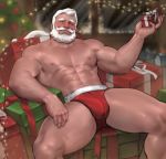  1boy abs absurdres bara beard body_hair bulge chest chest_hair facial_hair gift highres jang_ju_hyeon looking_at_viewer male_focus male_underwear manly muscle nipples original pectorals santa_claus santa_costume shirtless simple_background thick_thighs thighs underwear 