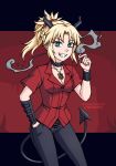  1girl black_choker black_pants blonde_hair braid burbur choker cigarette commentary cosplay demon_tail english_commentary fate/grand_order fate_(series) green_eyes grin hair_ornament hair_scrunchie hand_in_pocket helltaker highres holding holding_cigarette horns jewelry letterboxed long_hair looking_at_viewer mixed-language_commentary mordred_(fate) mordred_(fate)_(all) pants pendant ponytail red_scrunchie red_shirt scrunchie shirt short_sleeves smile smoke solo tail zdrada_(helltaker) zdrada_(helltaker)_(cosplay) 