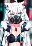  1girl ahoge animal_ears black_bra black_choker black_triangle_(artist) blue_eyes blurry blurry_background bra braid breasts choker cleavage clothes_writing coat commentary covered_mouth dog_tags eyebrows_visible_through_hair eyelashes fox_ears gas_mask hair_between_eyes hair_ornament hairclip highres hololive jewelry lace lace-trimmed_bra long_hair looking_at_viewer medium_breasts necklace open_clothes open_coat shirakami_fubuki side_braid solo underwear upper_body virtual_youtuber white_coat white_hair 