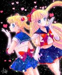  2girls aino_minako back_bow bangs bishoujo_senshi_sailor_moon black_background blonde_hair blown_kiss blue_eyes blue_sailor_collar blue_skirt bow bowtie choker closed_mouth collarbone cosplay cowboy_shot crescent crescent_earrings crop_top double_bun earrings elbow_gloves eyebrows_visible_through_hair floating_hair gloves hair_bow hair_ornament heart highres hoshikuzu_(milkyway792) jewelry long_hair midriff miniskirt multiple_girls navel pleated_skirt profile red_bow red_neckwear sailor_collar sailor_moon sailor_moon_(cosplay) sailor_senshi_uniform skirt smile standing stomach twintails very_long_hair white_choker white_gloves 