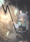  1girl :o absurdres ahoge animal_ears bangs blush capelet cave commentary_request crystal hands_up highres holding holding_paper kaigara_(valibow) light long_sleeves medium_hair mouse_ears mouse_girl mouse_tail nazrin open_mouth paper red_eyes silver_hair solo stalactite tail touhou 