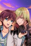  2boys :d absurdres asbel_lhant black_neckwear blonde_hair blue_eyes closed_mouth cloud cloudy_sky coat cravat gloves hair_over_one_eye highres holding_hands jacket long_sleeves male_focus multiple_boys one_eye_covered open_clothes open_jacket open_mouth purple_gloves purple_sky red_hair richard_(tales) sky smile sunset tales_of_(series) tales_of_graces upper_teeth usagi_nagomu white_jacket yellow_eyes 