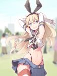  1girl aqua_eyes armpits blonde_hair blurry blurry_background bow commentary cosplay elbow_gloves gloves grin hair_bow hairband highleg highleg_panties highres kantai_collection kinakomoti long_hair miniskirt navel panties sailor_collar shimakaze_(kantai_collection) shimakaze_(kantai_collection)_(cosplay) skirt sleeveless smile solo_focus striped striped_legwear thighhighs underwear white_gloves 