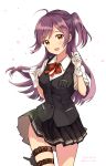  1girl :d absurdres ahoge black_skirt blouse gloves hagikaze_(kantai_collection) highres kantai_collection long_hair looking_at_viewer matsuzaki_miyuki neck_ribbon one_side_up open_mouth pleated_skirt purple_hair red_ribbon ribbon short_sleeves simple_background skirt smile solo thigh_strap white_background white_blouse white_gloves yellow_eyes 