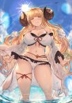  1girl ahoge aldehyde anila_(granblue_fantasy) bangs belly_chain bikini blonde_hair blunt_bangs blush breasts cleavage day detached_sleeves draph eyebrows_visible_through_hair granblue_fantasy highres horns jewelry large_breasts long_hair looking_at_viewer navel outdoors sheep_horns short_eyebrows smile solo stomach swimsuit very_long_hair wading wet yellow_eyes 
