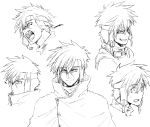  1boy akimaru angry annoyed bare_shoulders character_sheet cloak closed_mouth expressions eyebrows_visible_through_hair face facial_scar goggles goggles_around_neck greyscale hair_between_eyes half-closed_eyes hatching_(texture) headgear highres male_focus monochrome multiple_views open_mouth pixiv_fantasia pixiv_fantasia_age_of_starlight scar screaming simple_background smile solo surprised teeth upper_body white_background 