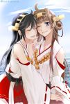  2girls :d ;) black_hair blue_eyes brown_hair closed_eyes closed_mouth hakama hakama_skirt haruna_(kantai_collection) highres holding_hands interlocked_fingers japanese_clothes kajii_supana kantai_collection kimono kongou_(kantai_collection) long_hair long_sleeves multiple_girls one_eye_closed open_mouth red_hakama ribbon-trimmed_sleeves ribbon_trim shiny shiny_hair shoulder_cutout smile straight_hair twitter_username very_long_hair white_kimono 