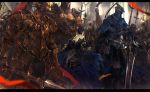  1girl 2others 3boys armor armored_dress arms_at_sides artorias_the_abysswalker black_armor blonde_hair blue_cloak blurry blurry_background bow_(weapon) breastplate cloak commentary_request cowboy_shot dark_souls dragon_slayer_ornstein faulds feet_out_of_frame full_armor gauntlets gold_armor greatsword hands_on_hilt hawkeye_gough helm helmet highres holding holding_bow_(weapon) holding_spear holding_weapon hood horned_helmet knight lord&#039;s_blade_ciaran mask medium_hair mono_(jdaj) multiple_boys multiple_others pauldrons planted_sword planted_weapon plate_armor plume polearm shoulder_armor silver_knight_(dark_souls) souls_(from_software) spear standing sunlight sword weapon 