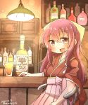  1girl alcohol aoba_(akibajun) bar bottle bow chair commentary_request cowboy_shot hair_bow hakama highres japanese_clothes kamikaze_(kantai_collection) kantai_collection kimono lamp long_hair looking_at_viewer meiji_schoolgirl_uniform pink_hakama purple_eyes purple_hair red_kimono sitting smile solo whiskey yellow_bow 