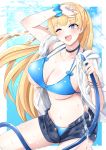  1girl ;d arm_up bikini black_choker blonde_hair blue_bikini blue_eyes blue_shorts borrowed_character breasts choker cleavage commentary_request cowboy_shot denim denim_shorts floating_hair gudon_(iukhzl) halterneck highres holding hose jacket large_breasts lina_(michihasu) long_hair looking_away multicolored multicolored_nails navel one_eye_closed open_clothes open_fly open_jacket open_mouth original scrunchie short_shorts shorts smile solo stomach string_bikini swimsuit thighs water wet white_jacket wrist_scrunchie 