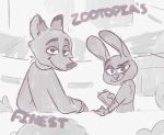  absurd_res ambiguous_gender anthro canid canine clothed clothing dipstick_ears disney duo english_text fox hi_res holding_object judy_hopps lagomorph leporid looking_at_viewer looking_back mammal mod_lemon monochrome multicolored_ears nick_wilde police_uniform rabbit shirt smile text topwear uniform zootopia 