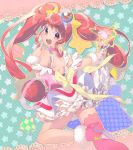  1girl :d absurdres bangs choker cure_star eyebrows_visible_through_hair floating_hair fur_trim hair_ornament high_heels highres holding huge_filesize layered_skirt leg_up long_hair looking_at_viewer miniskirt open_mouth pink_choker pink_footwear pink_legwear precure red_eyes red_hair shiny shiny_hair shoulder_blades single_thighhigh skirt smile solo star_(symbol) star_hair_ornament star_twinkle_precure thighhighs twintails very_long_hair white_skirt wrist_cuffs yupiteru 