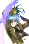  1girl bangs blue_eyes blue_hair boots breasts earrings eyepatch full_body gloves hat highres holster jewelry judgem29 knee_boots leona_heidern military navel patch ponytail smile snk snk_heroines:_tag_team_frenzy soldier solo standing strap the_king_of_fighters thighs thong underboob 