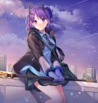 1girl arknights black_jacket black_skirt blue_gloves blue_shirt cloud cloudy_sky collared_shirt dusk gloves gradient_sky hibiscus_(arknights) highres holding horns ion_(on01e) jacket long_sleeves looking_at_viewer miniskirt necktie open_clothes open_jacket outdoors pleated_skirt pointy_ears purple_eyes purple_hair purple_sky shirt short_hair sidelocks skirt sky smile solo staff striped striped_neckwear 