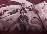  ahoge armor bare_shoulders breasts chain collarbone commentary_request eyebrows_visible_through_hair fate/grand_order fate_(series) feet_out_of_frame flag hair_over_one_eye holding holding_flag holding_sword holding_weapon jeanne_d&#039;arc_(alter)_(fate) jeanne_d&#039;arc_(fate)_(all) long_hair looking_at_viewer medium_breasts navel open_mouth sheath standing stomach_cutout sword takatsuki_ichi very_long_hair weapon yellow_eyes 