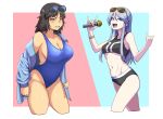  2girls bare_shoulders blue_eyes blue_hair blush breasts brown_eyes brown_hair cleavage collarbone cowboy_shot eyebrows_visible_through_hair eyewear_on_head highres holding holding_microphone jacket large_breasts long_hair looking_at_viewer medium_breasts medium_hair microphone midriff multiple_girls navel one-piece_swimsuit open_mouth original ringer3727 sideboob sleeveless stomach sunglasses swimsuit teeth tongue underboob 