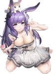  1girl :3 animal animal_ears animal_on_head arknights bandeau bare_arms bare_shoulders blurry bow breasts bunny bunny_ears cleavage collarbone food hair_bow highres holding ice_cream large_breasts long_hair looking_at_viewer midriff miniskirt moyamoya_(moya11158375) on_head purple_eyes purple_hair rope_(arknights) see-through simple_background sitting skirt smile solo wariza white_background white_skirt 