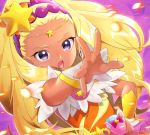  1girl blonde_hair blurry_foreground circlet cure_soleil dark_skin earrings floating_hair hair_ornament hairband hand_on_hip highres jewelry long_hair looking_at_viewer nail_polish open_mouth outstretched_arm precure purple_background purple_eyes purple_hairband shiny shiny_hair solo star_(symbol) star_hair_ornament star_twinkle_precure upper_body very_long_hair yellow_nails yupiteru 