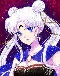  1girl bishoujo_senshi_sailor_moon blue_cape blue_eyes breasts cape character_request cleavage collarbone double_bun earrings floating_hair hair_intakes highres hoshikuzu_(milkyway792) jewelry long_hair medium_breasts open_mouth silver_hair solo strapless upper_body very_long_hair 