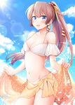  1girl bikini blue_eyes blush brown_hair collarbone cowboy_shot day eyebrows_visible_through_hair groin hair_between_eyes kantai_collection kazagumo_(kantai_collection) long_hair navel open_mouth orange_sarong polka_dot ponytail rui_shi_(rayze_ray) sarong smile solo sparkle sun sunlight swimsuit white_bikini 