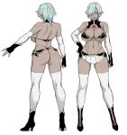  1girl black_footwear blue_eyes blue_hair boots breasts concept_art contrapposto damian_(usagi_nagomu) dark_elf elbow_gloves elf gloves hair_over_one_eye hand_on_hip high_heel_boots high_heels highres large_breasts looking_at_viewer multiple_views navel one_eye_covered original pointy_ears short_hair simple_background smile standing thighhighs usagi_nagomu white_background white_legwear 
