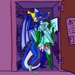  1:1 anal anal_penetration anthro avian beak blue_body blue_feathers blush bodily_fluids chiggedychew closet cramped cum cum_drip dragon dripping duo feathers genital_fluids genitals hi_res interspecies kouryuu looking_pleasured male male/male male_penetrated male_penetrating male_penetrating_male monitor office penetration penis server sex 