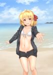  1girl absurdres ahoge bangs bikini black_shorts blonde_hair blush cloud commentary_request day eyebrows_visible_through_hair eyelashes hair_ribbon highres kaigara_(valibow) knees long_sleeves medium_hair navel open_mouth outdoors outstretched_arm red_eyes red_ribbon ribbon rumia sand shore shorts sky solo swimsuit tongue touhou water white_bikini 