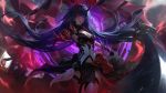  1girl armor bangs bare_shoulders blunt_bangs breasts cleavage floating_hair floating_weapon gloves glowing glowing_eyes highres honkai_(series) honkai_impact_3rd horns katana large_breasts lightning long_hair looking_at_viewer official_art oni_horns outstretched_arm parted_lips pelvic_curtain purple_eyes purple_hair raiden_mei raiden_mei_(herrscher_of_thunder) raikoart red_horns solo sword thighhighs very_long_hair weapon white_legwear 