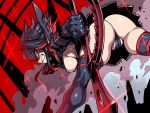  1girl ass black_footwear black_hair boots breasts clenched_teeth commentary english_commentary highlights holding holding_weapon kamui_(kill_la_kill) kill_la_kill matoi_ryuuko medium_hair midriff multicolored_hair panties pantyshot red_hair revealing_clothes scissor_blade senketsu skirt sparkle streaked_hair sword teeth thigh_boots thighhighs thighs tsuki_wani underwear weapon 