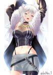  1girl :d ahoge animal_ears arms_up bangs bare_shoulders black_shirt blush breasts butter-t eyebrows_visible_through_hair fur-trimmed_jacket fur_trim grey_eyes grey_hair hair_between_eyes hololive jacket jewelry lion_ears lion_girl long_hair looking_at_viewer midriff necklace open_mouth shirt shishiro_botan smile solo virtual_youtuber 