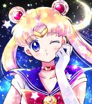  1girl bangs bishoujo_senshi_sailor_moon blonde_hair blue_eyes blue_sailor_collar bow bowtie choker circlet collarbone collared_shirt crescent crescent_choker crescent_earrings double_bun earrings elbow_gloves eyebrows_visible_through_hair floating_hair gloves hair_intakes hoshikuzu_(milkyway792) jewelry long_hair looking_at_viewer one_eye_closed parted_lips red_bow red_choker red_neckwear sailor_collar sailor_moon sailor_senshi_uniform sailor_shirt shiny shiny_hair shirt short_sleeves solo upper_body very_long_hair white_gloves white_shirt 