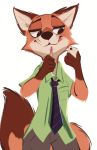  2020 anthro bottomwear canid canine cellphone clothed clothing disney fox fully_clothed fur gloves_(marking) half-closed_eyes hi_res holding_cellphone holding_object holding_phone mammal markings narrowed_eyes necktie nick_wilde orange_body orange_fur pants phone portrait red_fox shirt simple_background solo three-quarter_portrait tohupo tongue tongue_out topwear white_background zootopia 
