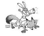  2016 anthro bodily_fluids buckteeth canid canine clothed clothing disney duo exercise eyes_closed fox fully_clothed fur hi_res judy_hopps lagomorph leporid mammal megaphone monochrome nick_wilde nijuukoo on_top open_mouth open_smile push-up rabbit red_fox signature simple_background smile sweat sweatdrop teeth whistle_(object) white_background zootopia 