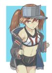  1girl alternate_costume bangs black_jacket blush brown_hair hair_between_eyes hat highres jacket kantai_collection long_hair long_sleeves navel nito_(nshtntr) open_mouth red_eyes ryuujou_(kantai_collection) shorts simple_background solo sports_bra twintails two-tone_background visor_cap 