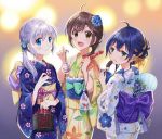 3girls :d :q ahoge animal back_bow bag bagged_fish blue_eyes blue_flower blue_hair blue_kimono bow braid brown_eyes brown_hair brown_kimono checkered chocolate_banana closed_mouth commentary_request copyright_request fan fish floral_print flower food food_on_face fruit goldfish green_bow green_eyes hair_bow hair_flower hair_ornament highres holding holding_food japanese_clothes kimono long_hair multiple_girls nekozuki_yuki novel_illustration obi official_art open_mouth paper_fan print_kimono purple_bow sash silver_hair smile strawberry striped striped_bow tongue tongue_out uchiwa water white_kimono yellow_bow yukata 