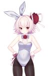  1girl animal_ears ass_visible_through_thighs bare_shoulders breasts bunny_ears bunny_girl bunnysuit embarrassed eve_(soccer_spirits) flower hair_flower hair_ornament hands_on_hips highres leotard looking_at_viewer official_art pantyhose pink_hair red_eyes red_flower red_rose resized ribbon rose shirahane_nao short_hair side-tie_leotard small_breasts soccer_spirits upscaled white_leotard white_ribbon 