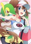  1girl :d artist_name bangs black_legwear blue_eyes blush bow breasts brown_hair collarbone commentary_request double_bun eyelashes gen_5_pokemon hands_up holding_strap kokoroko legwear_under_shorts long_hair mei_(pokemon) open_mouth pantyhose pink_bow pokemon pokemon_(creature) pokemon_(game) pokemon_bw2 pokemon_on_arm raglan_sleeves shirt short_shorts shorts smile snivy starter_pokemon twintails very_long_hair visor_cap yellow_shorts 