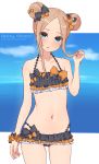  1girl abigail_williams_(fate/grand_order) bangs bare_arms bare_shoulders bikini black_bikini black_bow blush bow brown_hair character_name collarbone commentary_request day double_bun emerald_float fate/grand_order fate_(series) forehead hair_bow hand_up holding holding_hair kopaka_(karda_nui) looking_at_viewer navel orange_bow parted_bangs parted_lips polka_dot polka_dot_bow sidelocks solo swimsuit wrist_cuffs 