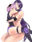  2girls bangs bare_shoulders bikini black_gloves black_legwear black_leotard blush breasts cleavage closed_eyes elbow_gloves eyepatch_bikini fate/grand_order fate_(series) fingerless_gloves gloves hair_over_one_eye highres hug large_breasts lavender_hair leotard long_hair mash_kyrielight minamoto_no_raikou_(fate/grand_order) minamoto_no_raikou_(swimsuit_lancer)_(fate) multiple_girls parted_bangs purple_bikini purple_gloves purple_hair short_hair simple_background smile swimsuit thighhighs thighs very_long_hair white_background yoemi 