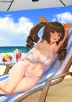  1girl a-54_calista beach bikini blush breasts brown_eyes brown_hair cleavage day drink ett01024 hair_ribbon large_breasts last_origin long_hair looking_at_viewer navel nipples open_mouth outdoors ribbon see-through smile solo swimsuit thigh_gap wide_hips 