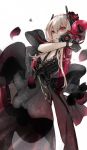  1girl alternate_costume black_dress black_gloves blonde_hair commentary_request dress girls_frontline gloves hair_between_eyes headgear highres holding long_hair m4_sopmod_ii_(girls_frontline) megaphone multicolored_hair open_mouth red_eyes red_hair red_ribbon ribbon ro635_(dinergate) sidelocks simple_background streaked_hair user_cccp2784 white_background 