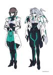  2girls absurdres aqua_eyes artist_name blue_eyes crossover gundam gundam_build_divers gundam_build_divers_re:rise hands_together highres i.takashi is_(kamen_rider_01) kamen_rider_01_(series) looking_down may_(gundam_build_divers_re:rise) mecha mechanization multiple_girls redesign trait_connection white_background 