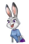  2:3 anthro buckteeth clothed clothing dipstick_ears disney female fully_clothed fur grey_body grey_fur judy_hopps lagomorph leporid mammal multicolored_ears purple_eyes rabbit shirt simple_background solo t-shirt teeth topwear white_background white_body white_fur zootopia てぃん 