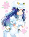  1girl aether_foundation_employee aether_foundation_uniform artist_name blue_eyes blue_hair blush breasts buttons closed_mouth commentary_request cosplay cowboy_shot floral_background gloves hat kokoroko long_hair looking_to_the_side pokemon pokemon_(game) pokemon_sm pouch short_sleeves sidelocks solo turtleneck white_gloves white_headwear 