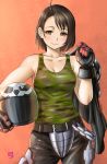  1girl belt_chain breasts brown_eyes brown_hair camouflage_shirt cleavage codpiece finalcake gloves headwear_removed helmet helmet_removed highres jacket jacket_over_shoulder jacket_removed justice_gakuen kazama_akira light_blush looking_at_viewer short_hair smile solo street_fighter street_fighter_v tank_top 