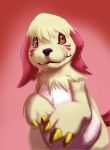 2011 black_nose canid canine canis claws digimon digimon_(species) domestic_dog feral fingers fur hair head_markings labramon mammal markings pink_body pink_fur red_eyes solo stranillafennebi teeth tuft white_body white_fur white_hair yellow_claws 