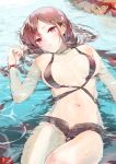  1girl bare_shoulders breasts brown_hair cleavage consort_yu_(fate) cowboy_shot ear_piercing fate/grand_order fate_(series) hair_between_eyes highres looking_at_viewer medium_breasts midriff navel open_fly piercing red_eyes short_shorts shorts sleeveless solo stomach tomozero water 